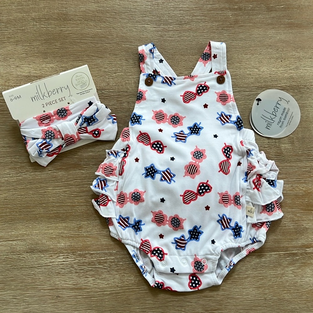 Milkberry Baby Girl Americana Sunglasses Bamboo Bubble Romper 0-3 3-6 6-9 months